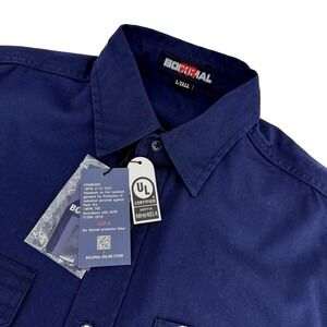 BOCOMAL FR Work Shirt Men L Tall Flame Resistant CAT2 NFPA2112 Navy Long Sleeve